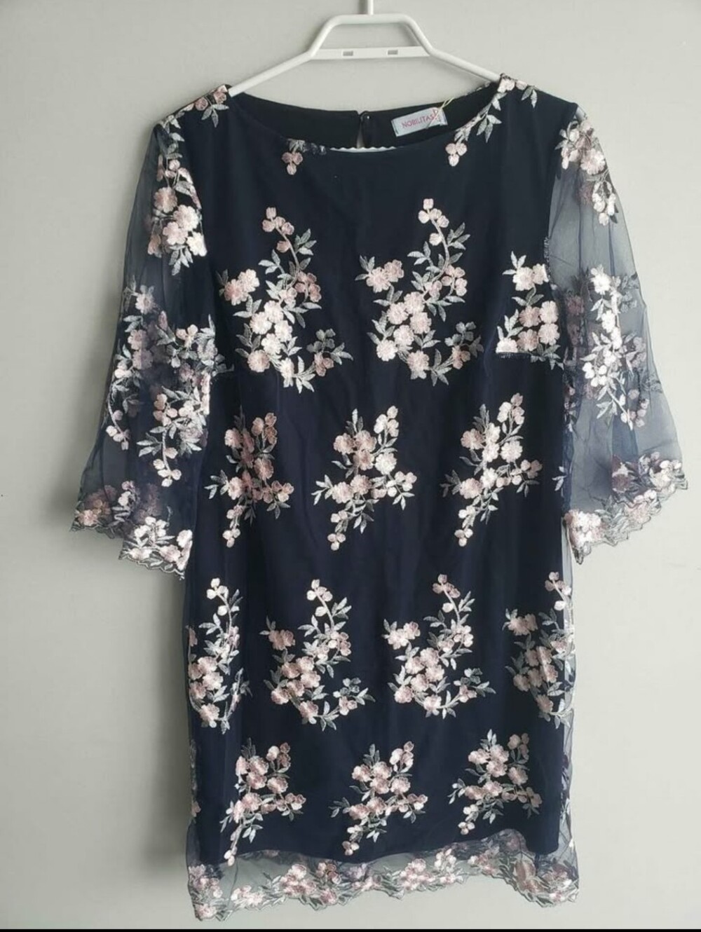 Navy Floral Embroidered Midi Dress with Sheer Sleeves